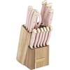 image:imageFarberware Triple Riveted Knife Block Set 15Piece Black Pine High CarbonStainless Steel Blades Ergonomic Handles Includes Natural Pinewood BlockBlush and Gold
