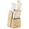 image:imageFarberware Triple Riveted Knife Block Set 15Piece Black Pine High CarbonStainless Steel Blades Ergonomic Handles Includes Natural Pinewood BlockWhite and Gold