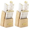 image:imageFarberware Triple Riveted Knife Block Set 15Piece Black Pine High CarbonStainless Steel Blades Ergonomic Handles Includes Natural Pinewood BlockWhite and Gold