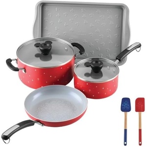 image:imageFarberware Disney Bon Voyage Ceramic Nonstick Pots and Pans Set with Baking SheetCookie Pan and Disney Home Kitchen Tools 8 Piece Non Stick Cookware Set  RedRed