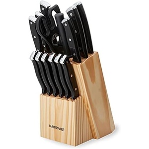image:imageFarberware Triple Riveted Knife Block Set 15Piece Black Pine High CarbonStainless Steel Blades Ergonomic Handles Includes Natural Pinewood BlockBlack Pine
