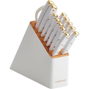 image:imageFarberware Triple Riveted Knife Block Set 15Piece Black Pine High CarbonStainless Steel Blades Ergonomic Handles Includes Natural Pinewood BlockWhite and Gold