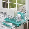 image:imageFarberware Compact Dish Drying Rack with Drainboard Flatware Caddy and Sink Brush Teal  Holds 9 Plates Fits Small Kitchens Apartments and DormsAqua
