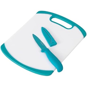 image:imageFarberware 2Piece Paring Knife and Cutting Board Set 35Inch Paring Knife with Resin Coating and CustomFit Blade Cover and NonSlip Plastic Chopping Board DishwasherSafe Set WhiteBlueWhiteBlue